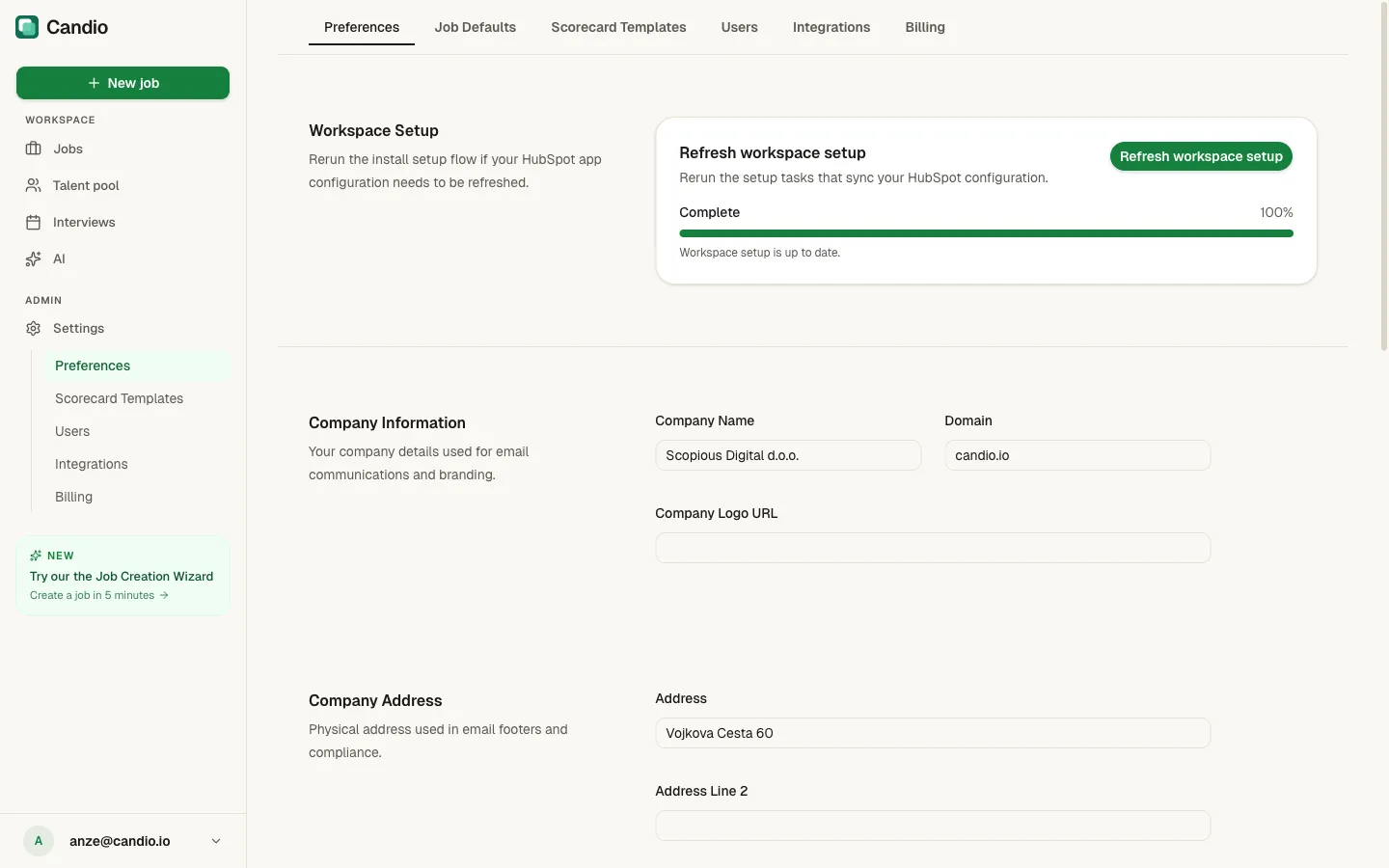 Settings → Preferences with Workspace Setup, Company Information, Company Address sections.