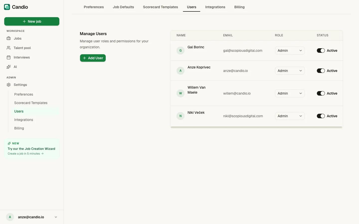 Settings → Users with Add User button and a table of members with Role dropdowns and Active toggles.